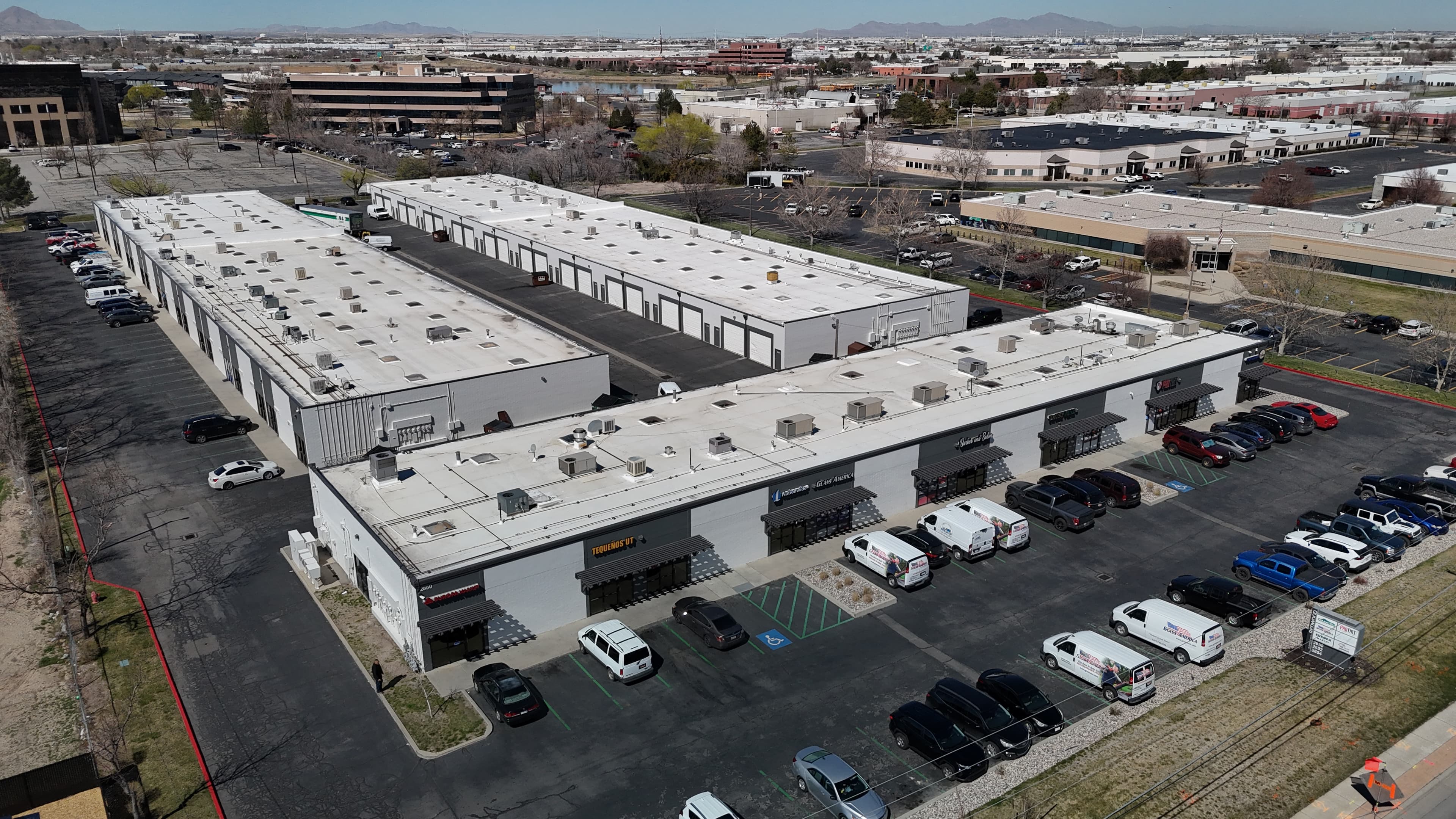 Aerial of the multi-tenant flex buildings at Redwood Business Park, 2850 South Redwood Road, West Valley City