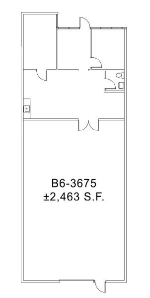 Floor plan of Unit 3675 at Broadbent Business Park, private offices and restroom at the front with a separating wall and open warehouse behind